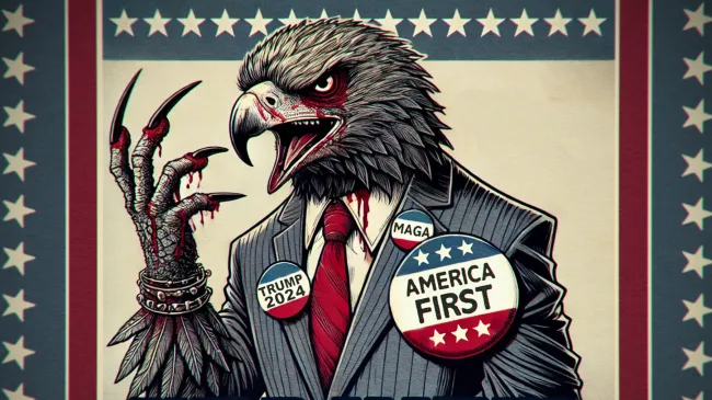 A war hawk wearing an America First button
